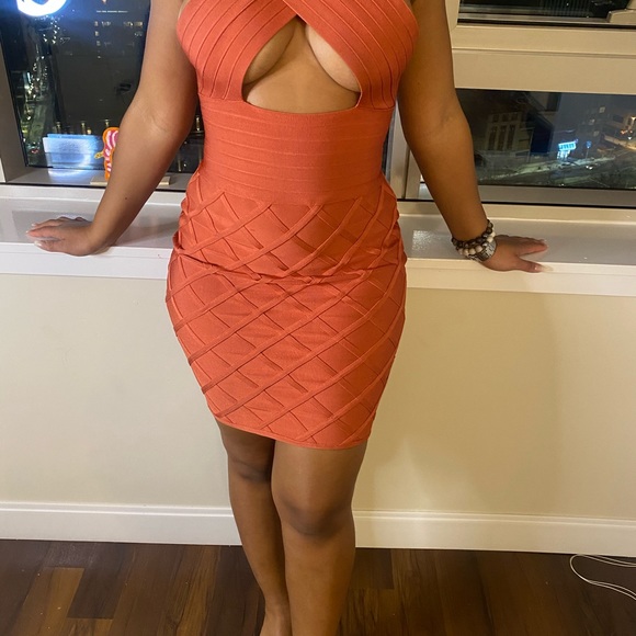 Burnt Orange Cross Neck Bandage Dress - Picture 2 of 11
